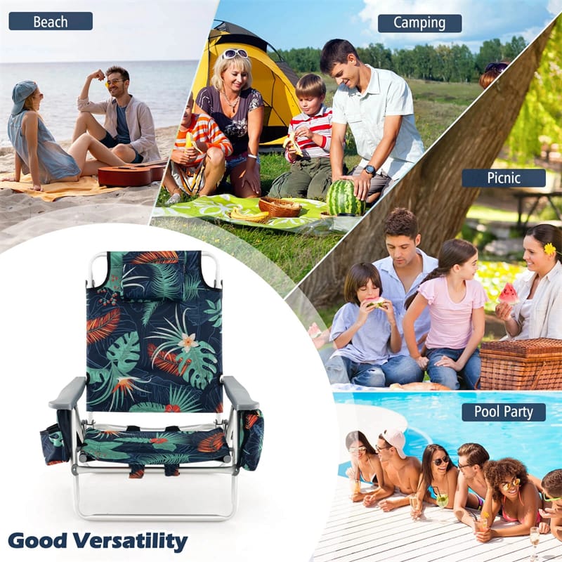 2-Pack Folding Beach Chair, Backpack Lawn Chairs, Sling Camping Chair, Patio Reclining Chairs with 5 Adjustable Position, Head Pillow