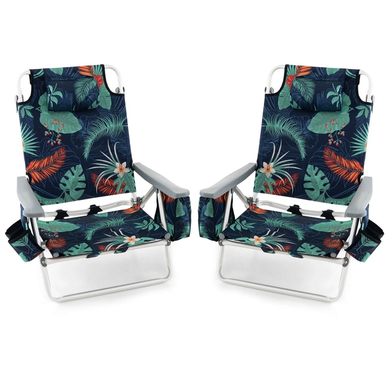 2-Pack Folding Beach Chair, Backpack Lawn Chairs, Sling Camping Chair, Patio Reclining Chairs with 5 Adjustable Position, Head Pillow