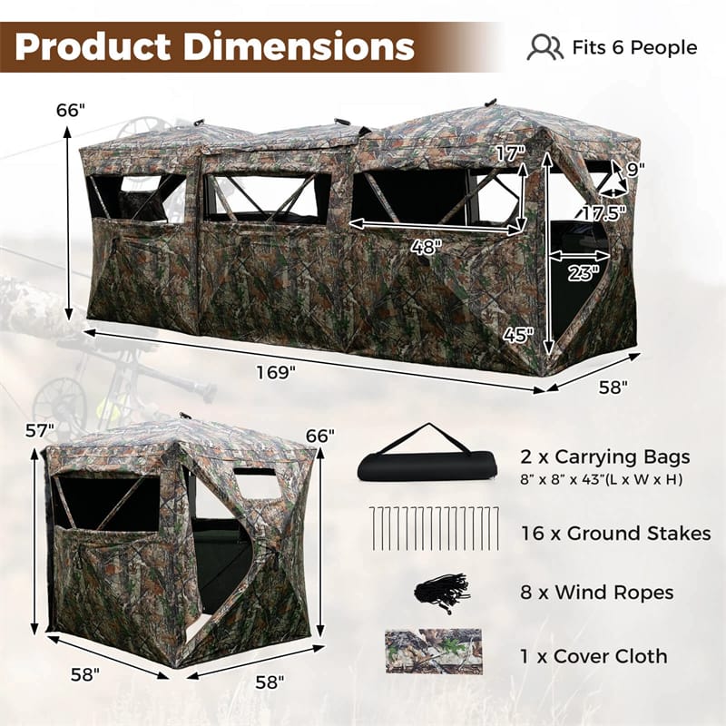 2-6 Person Hunting Blind, Double One-Way See-Through Pop-Up Ground Blind with Silent Slide Windows, 90° Full-Open Door & Carrying Bag for Deer Hunting