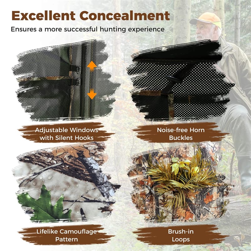 2-6 Person Hunting Blind, Double One-Way See-Through Pop-Up Ground Blind with Silent Slide Windows, 90° Full-Open Door & Carrying Bag for Deer Hunting