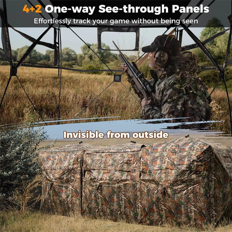2-6 Person Hunting Blind, Double One-Way See-Through Pop-Up Ground Blind with Silent Slide Windows, 90° Full-Open Door & Carrying Bag for Deer Hunting