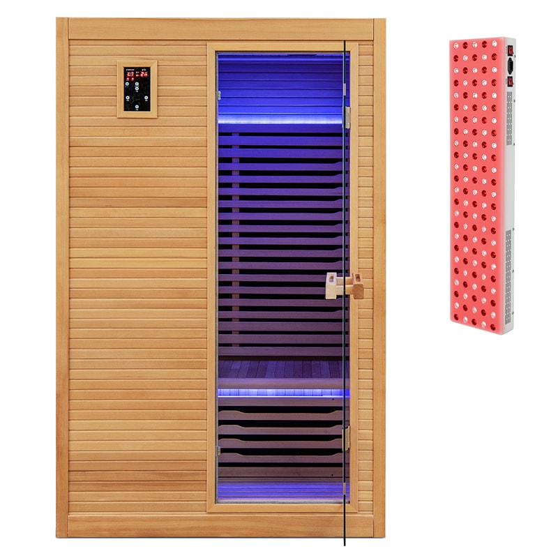 2-Person Far Infrared Wooden Sauna Room for Home, Canadian Hemlock Indoor Sauna with Free Red Light Therapy & Bluetooth Speakers & 4 Light Strips