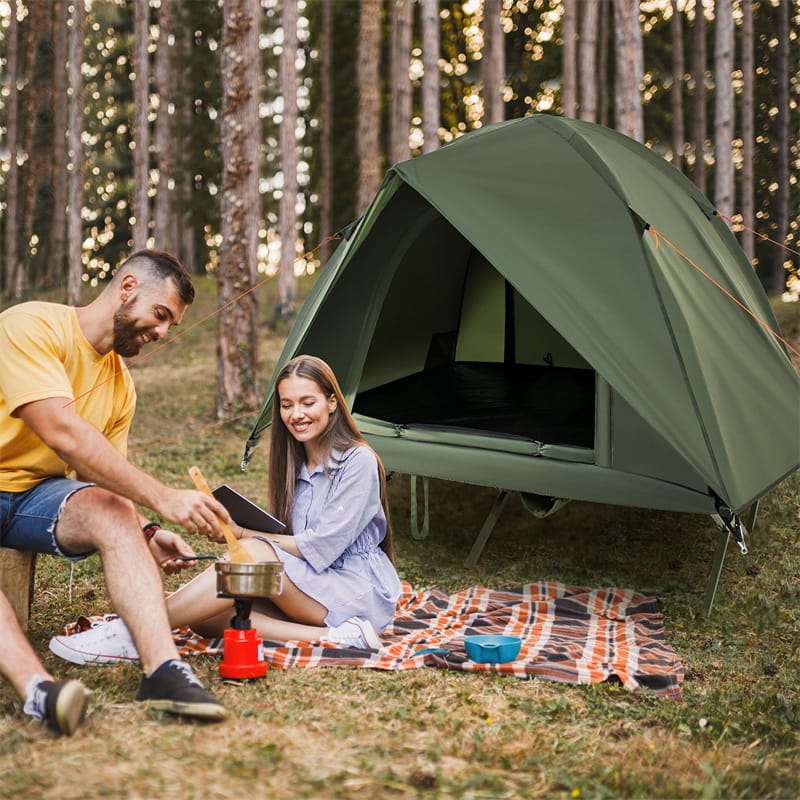 2-Person Camping Cot Tent Combo, Folding Off-Ground Elevated Cot Bed with Pop-up Shelter, Waterproof Rainfly & Wheeled Bag for Outdoor Hiking
