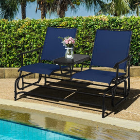 2-Person Outdoor Glider Bench with Center Table, Mesh Fabric Patio Double Rocking Loveseat Chair for Backyard, Poolside