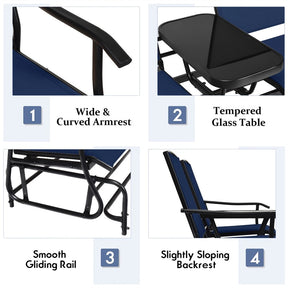 2-Person Outdoor Glider Bench with Center Table, Mesh Fabric Patio Double Rocking Loveseat Chair for Backyard, Poolside