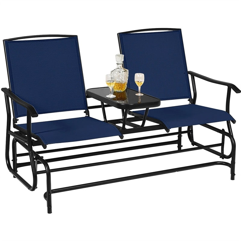 2-Person Outdoor Glider Bench with Center Table, Mesh Fabric Patio Double Rocking Loveseat Chair for Backyard, Poolside
