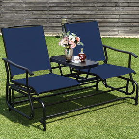 2-Person Outdoor Glider Bench with Center Table, Mesh Fabric Patio Double Rocking Loveseat Chair for Backyard, Poolside