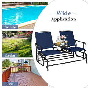 2-Person Outdoor Glider Bench with Center Table, Mesh Fabric Patio Double Rocking Loveseat Chair for Backyard, Poolside