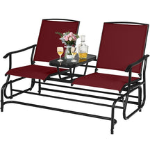 2-Person Outdoor Glider Bench with Center Table, Mesh Fabric Patio Double Rocking Loveseat Chair for Backyard, Poolside