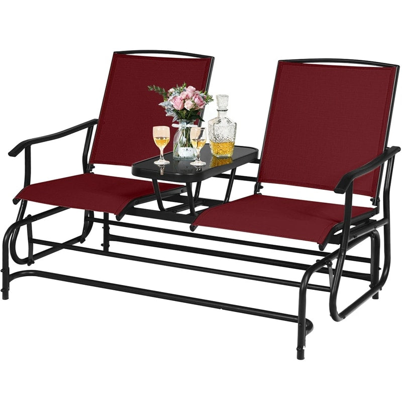 2-Person Outdoor Glider Bench with Center Table, Mesh Fabric Patio Double Rocking Loveseat Chair for Backyard, Poolside