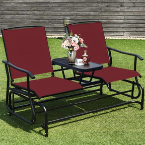 2-Person Outdoor Glider Bench with Center Table, Mesh Fabric Patio Double Rocking Loveseat Chair for Backyard, Poolside