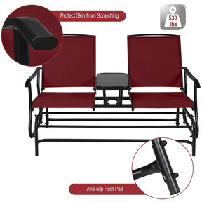2-Person Outdoor Glider Bench with Center Table, Mesh Fabric Patio Double Rocking Loveseat Chair for Backyard, Poolside