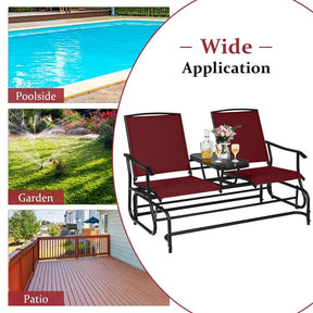 2-Person Outdoor Glider Bench with Center Table, Mesh Fabric Patio Double Rocking Loveseat Chair for Backyard, Poolside