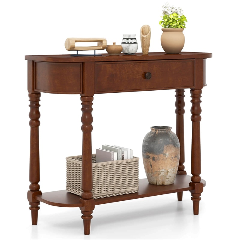 36" 2-Tier Retro Console Table with Storage Drawer & Open Shelf, Solid Wood Narrow Entryway Sofa Table for Living Room, Foyer & Hallway