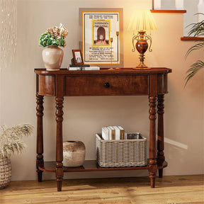 36" 2-Tier Retro Console Table with Storage Drawer & Open Shelf, Solid Wood Narrow Entryway Sofa Table for Living Room, Foyer & Hallway