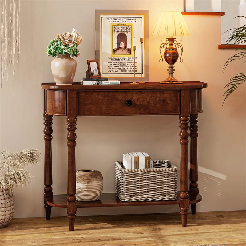 36" 2-Tier Retro Console Table with Storage Drawer & Open Shelf, Solid Wood Narrow Entryway Sofa Table for Living Room, Foyer & Hallway