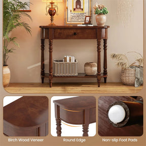 36" 2-Tier Retro Console Table with Storage Drawer & Open Shelf, Solid Wood Narrow Entryway Sofa Table for Living Room, Foyer & Hallway