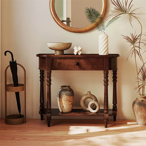 36" 2-Tier Retro Console Table with Storage Drawer & Open Shelf, Solid Wood Narrow Entryway Sofa Table for Living Room, Foyer & Hallway