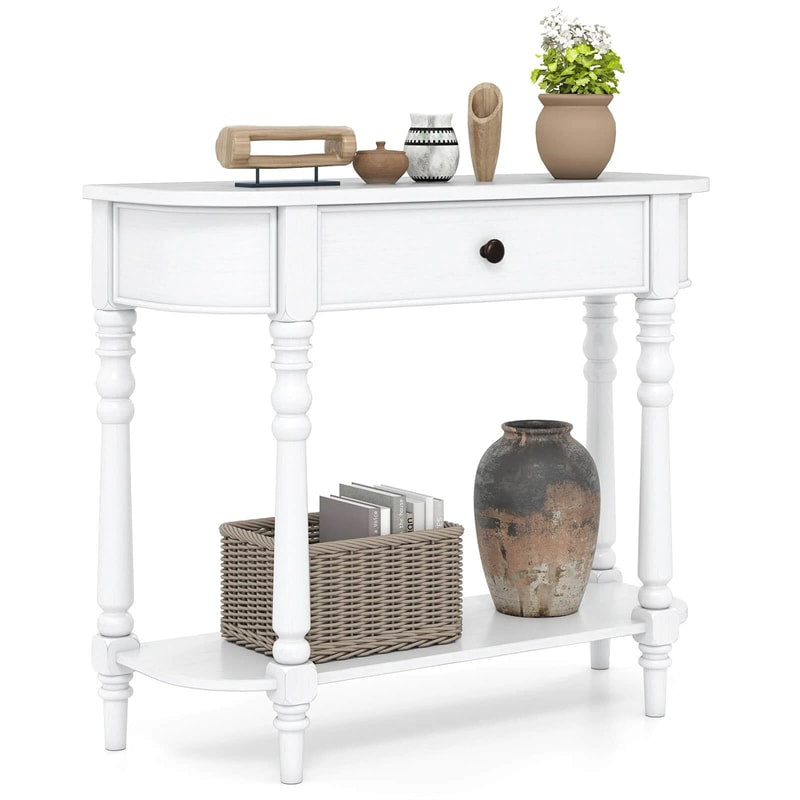 36" 2-Tier Retro Console Table with Storage Drawer & Open Shelf, Solid Wood Narrow Entryway Sofa Table for Living Room, Foyer & Hallway