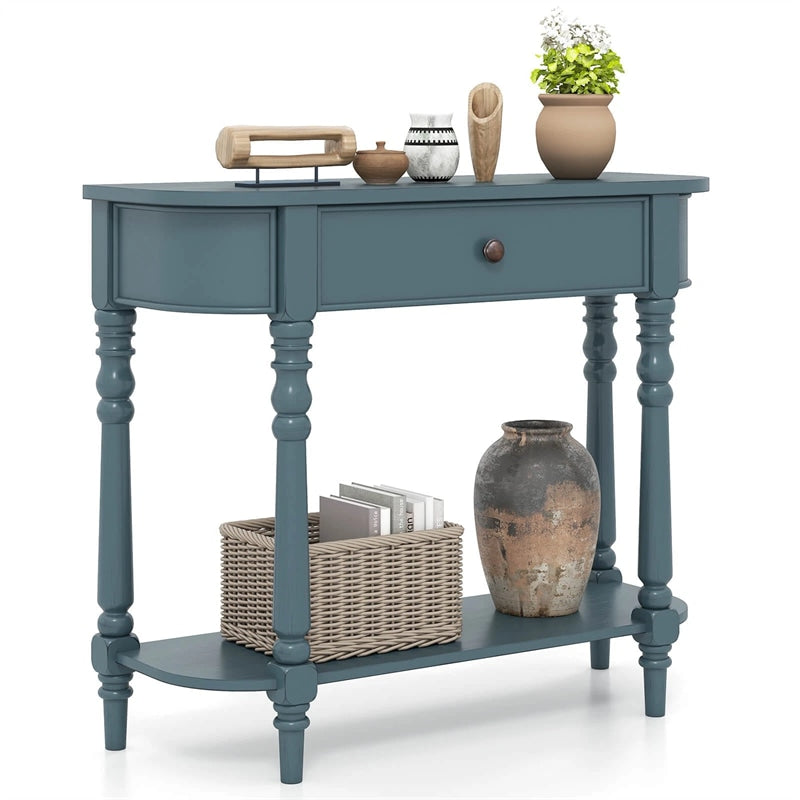 36" 2-Tier Retro Console Table with Storage Drawer & Open Shelf, Solid Wood Narrow Entryway Sofa Table for Living Room, Foyer & Hallway