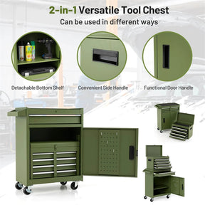 2-in-1 Rolling Tool Chest, 5-Drawer Tool Storage Cabinet with Wheels, Adjustable Shelf, Tool Box Organizer for Garage Warehouse Workshop