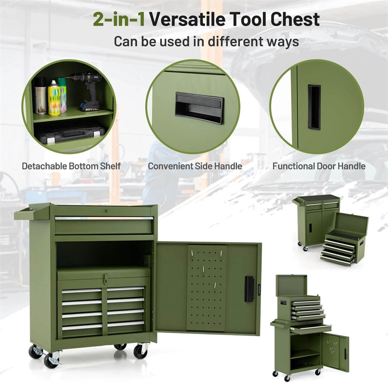 2-in-1 Rolling Tool Chest, 5-Drawer Tool Storage Cabinet with Wheels, Adjustable Shelf, Tool Box Organizer for Garage Warehouse Workshop