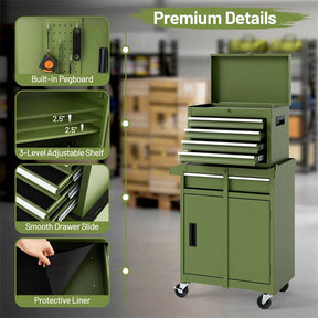 2-in-1 Rolling Tool Chest, 5-Drawer Tool Storage Cabinet with Wheels, Adjustable Shelf, Tool Box Organizer for Garage Warehouse Workshop