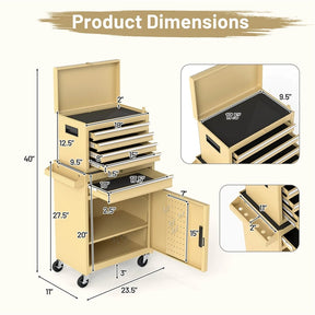 2-in-1 Rolling Tool Chest, 5-Drawer Tool Storage Cabinet with Wheels, Adjustable Shelf, Tool Box Organizer for Garage Warehouse Workshop