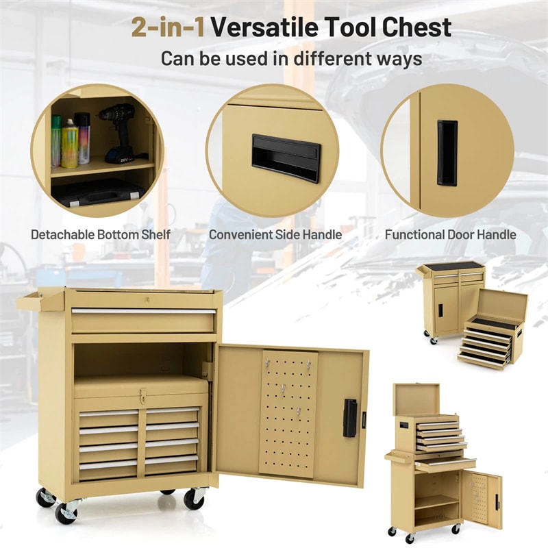 2-in-1 Rolling Tool Chest, 5-Drawer Tool Storage Cabinet with Wheels, Adjustable Shelf, Tool Box Organizer for Garage Warehouse Workshop