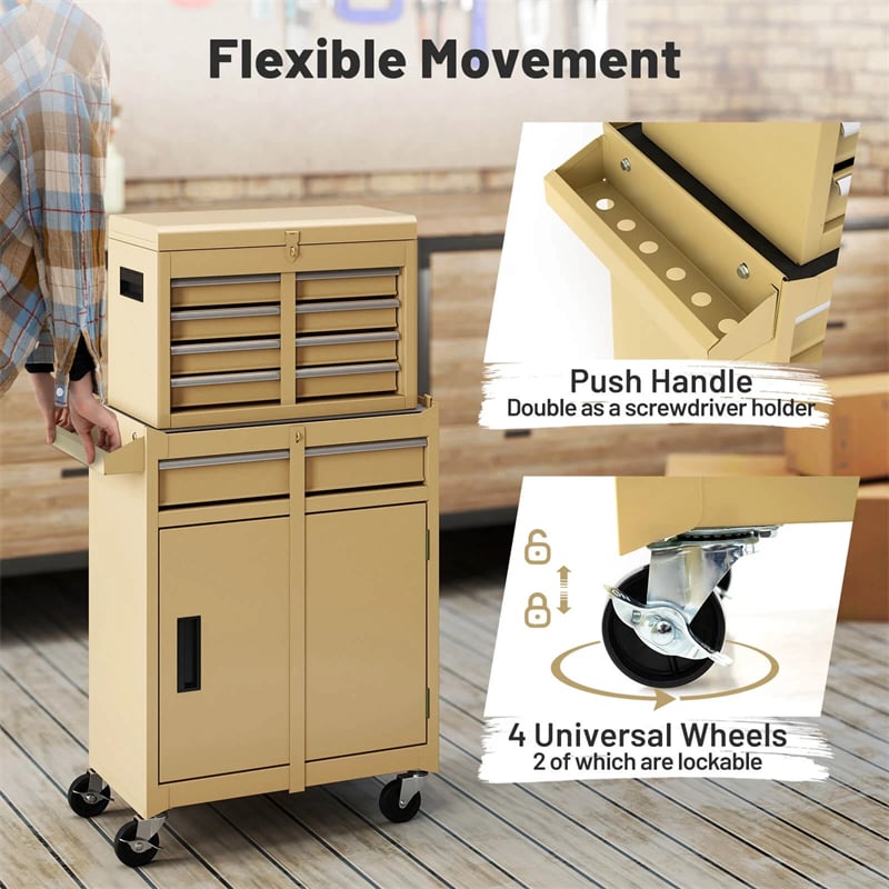 2-in-1 Rolling Tool Chest, 5-Drawer Tool Storage Cabinet with Wheels, Adjustable Shelf, Tool Box Organizer for Garage Warehouse Workshop