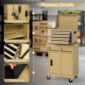 2-in-1 Rolling Tool Chest, 5-Drawer Tool Storage Cabinet with Wheels, Adjustable Shelf, Tool Box Organizer for Garage Warehouse Workshop