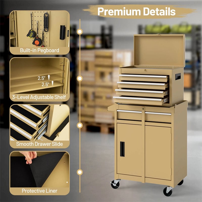 2-in-1 Rolling Tool Chest, 5-Drawer Tool Storage Cabinet with Wheels, Adjustable Shelf, Tool Box Organizer for Garage Warehouse Workshop