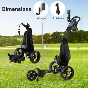 Electric Golf Push Cart Foldable 3-Wheel w/ Adjustable Handle, 9 Speed Settings, 18 Hole Battery, Umbrella Holder, Drink Holder, Cooler Bag & USB Port
