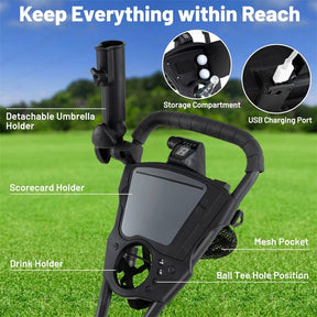 Electric Golf Push Cart Foldable 3-Wheel w/ Adjustable Handle, 9 Speed Settings, 18 Hole Battery, Umbrella Holder, Drink Holder, Cooler Bag & USB Port