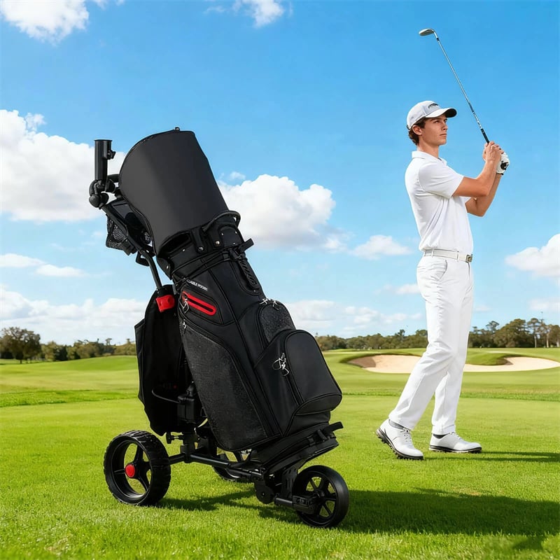 Electric Golf Push Cart Foldable 3-Wheel w/ Adjustable Handle, 9 Speed Settings, 18 Hole Battery, Umbrella Holder, Drink Holder, Cooler Bag & USB Port