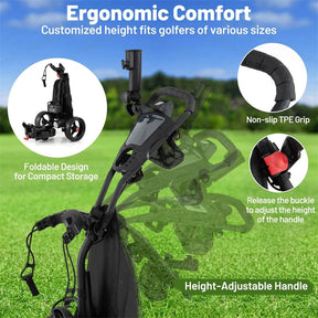 Electric Golf Push Cart Foldable 3-Wheel w/ Adjustable Handle, 9 Speed Settings, 18 Hole Battery, Umbrella Holder, Drink Holder, Cooler Bag & USB Port