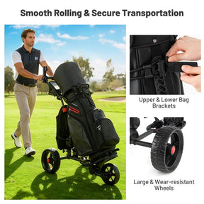 Electric Golf Push Cart Foldable 3-Wheel w/ Adjustable Handle, 9 Speed Settings, 18 Hole Battery, Umbrella Holder, Drink Holder, Cooler Bag & USB Port