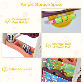 3-in-1 Kids Art Easel Double-Sided Magnetic Whiteboard & Chalkboard with Book Rack, Height Adjustable Standing Book Shelf Art Easel for Toddlers