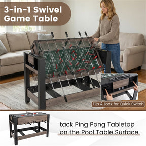 3-in-1 Multi Game Table, 49" Swivel Combo Game Table with Foosball, Pool & Table Tennis, Space-Saving Indoor Arcade Table for Family Game Room, Office