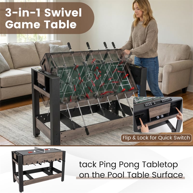 3-in-1 Multi Game Table, 49" Swivel Combo Game Table with Foosball, Pool & Table Tennis, Space-Saving Indoor Arcade Table for Family Game Room, Office