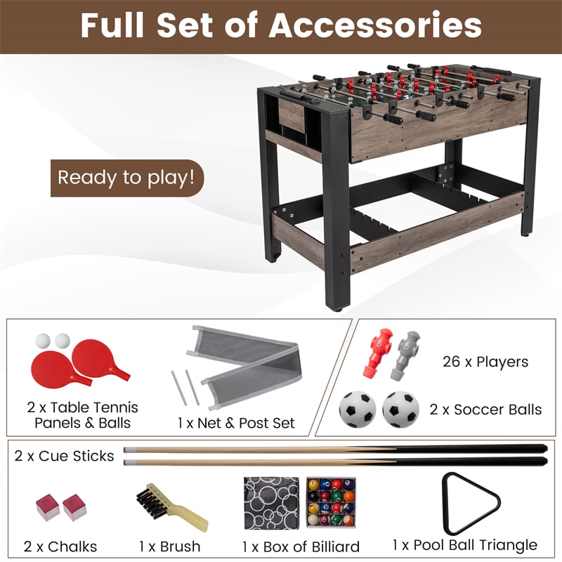 3-in-1 Multi Game Table, 49" Swivel Combo Game Table with Foosball, Pool & Table Tennis, Space-Saving Indoor Arcade Table for Family Game Room, Office
