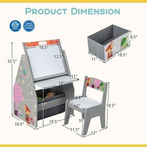 3-in-1 Kids Art Easel with Chair, Wooden Toddler Easel Table & Chair Set w/ Double-Sided Magnetic Whiteboard & Chalkboard, Bookshelf, Storage