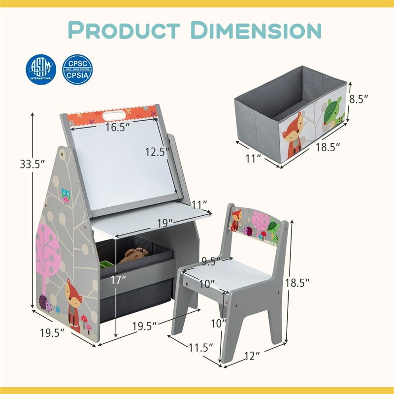 3-in-1 Kids Art Easel with Chair, Wooden Toddler Easel Table & Chair Set w/ Double-Sided Magnetic Whiteboard & Chalkboard, Bookshelf, Storage