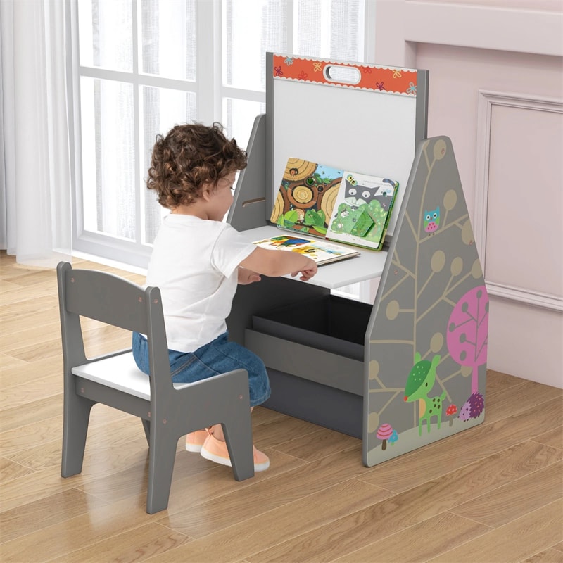3-in-1 Kids Art Easel with Chair, Wooden Toddler Easel Table & Chair Set w/ Double-Sided Magnetic Whiteboard & Chalkboard, Bookshelf, Storage