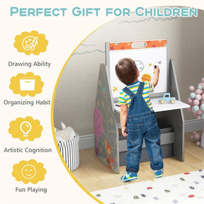 3-in-1 Kids Art Easel with Chair, Wooden Toddler Easel Table & Chair Set w/ Double-Sided Magnetic Whiteboard & Chalkboard, Bookshelf, Storage