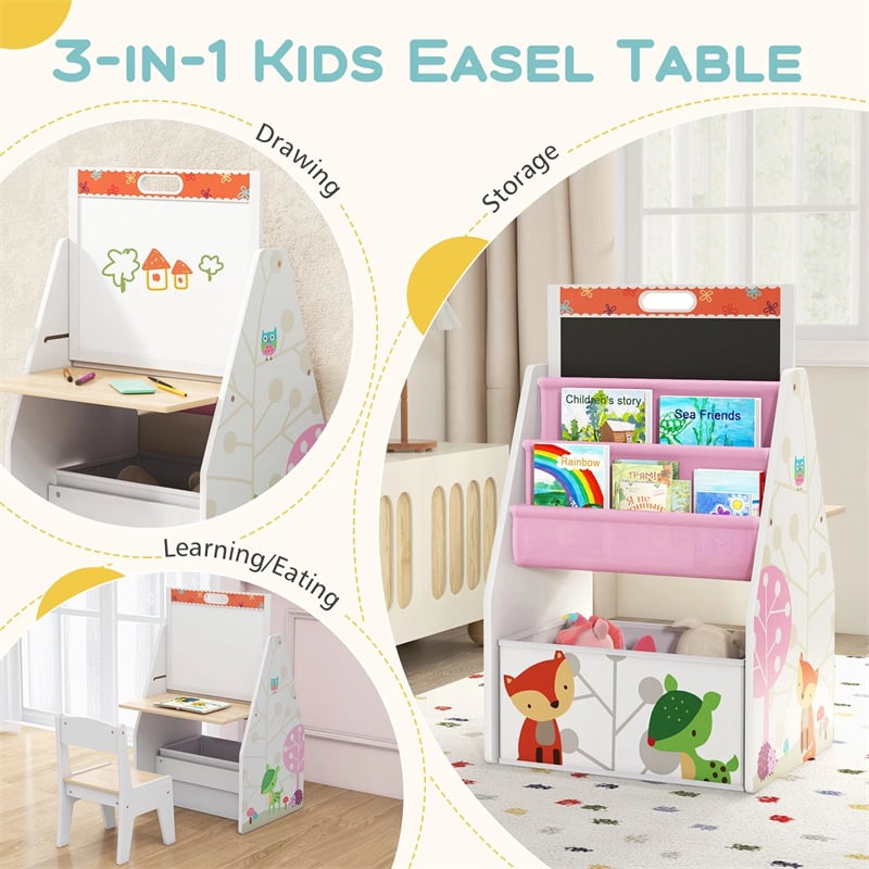 3-in-1 Kids Art Easel with Chair, Wooden Toddler Easel Table & Chair Set w/ Double-Sided Magnetic Whiteboard & Chalkboard, Bookshelf, Storage