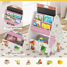 3-in-1 Kids Art Easel with Chair, Wooden Toddler Easel Table & Chair Set w/ Double-Sided Magnetic Whiteboard & Chalkboard, Bookshelf, Storage