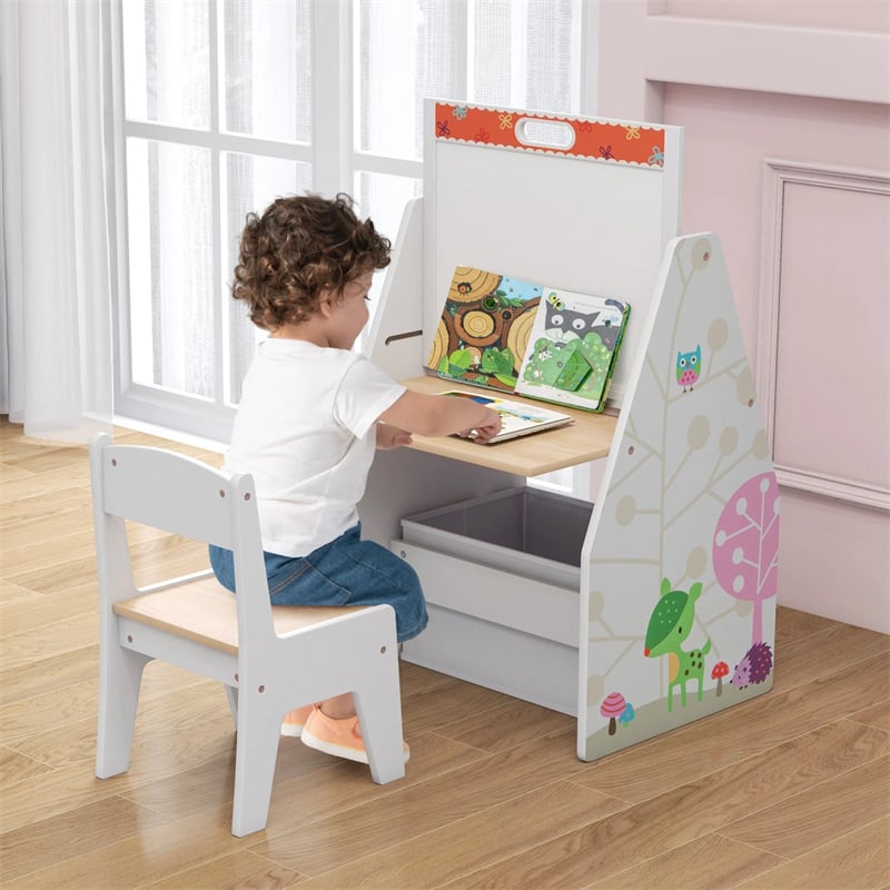 3-in-1 Kids Art Easel with Chair, Wooden Toddler Easel Table & Chair Set w/ Double-Sided Magnetic Whiteboard & Chalkboard, Bookshelf, Storage