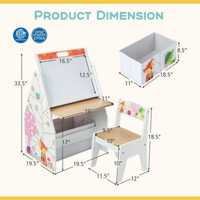 3-in-1 Kids Art Easel with Chair, Wooden Toddler Easel Table & Chair Set w/ Double-Sided Magnetic Whiteboard & Chalkboard, Bookshelf, Storage