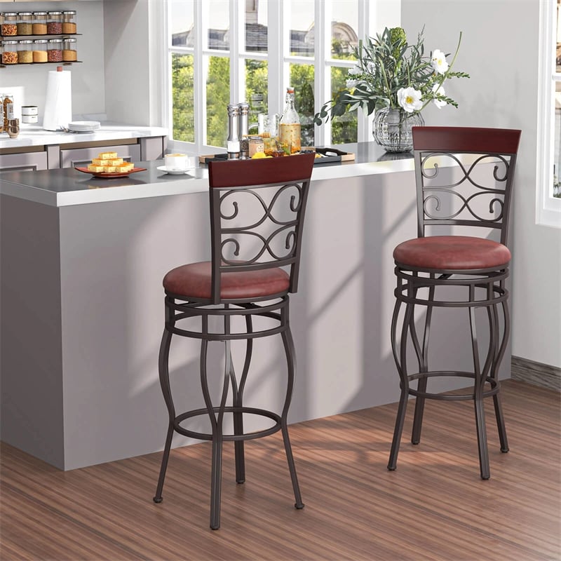 30" Vintage Metal Swivel Bar Stools Set of 2, Bar Height Dining Chairs with Back & Upholstered PU Leather Padded Seat for Pub, Kitchen Island